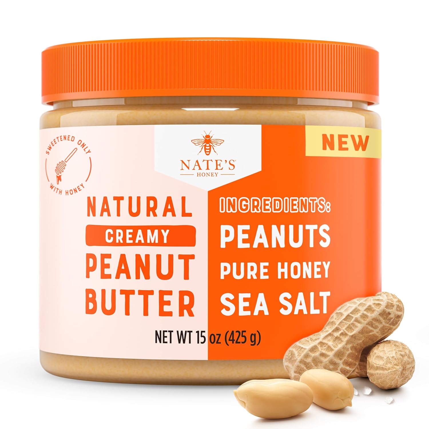 Nate’s Honey Peanut Butter, Creamy, All-Natural – 3 Real Ingredients, Sweetened Only with Pure Honey – 15 oz Jar – No Refined Sugar, No Palm Oil, Easy to Stir