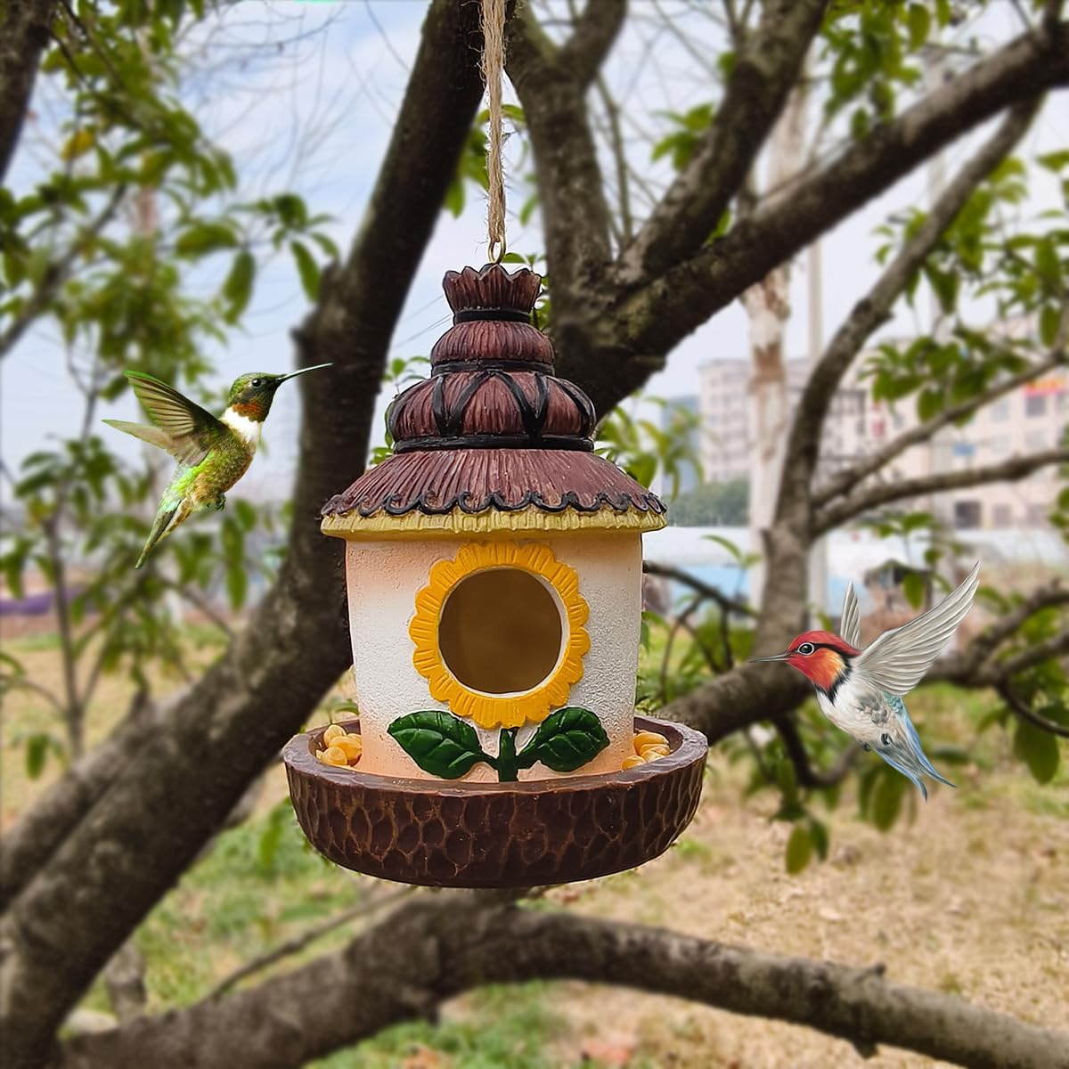 Hanging Birdhouse Bird Feeder for Outside, Resin Bird Nest for Hummingbird, Bluebird, Country Cottage Decorative Bird House for Outdoor Garden Patio Decor