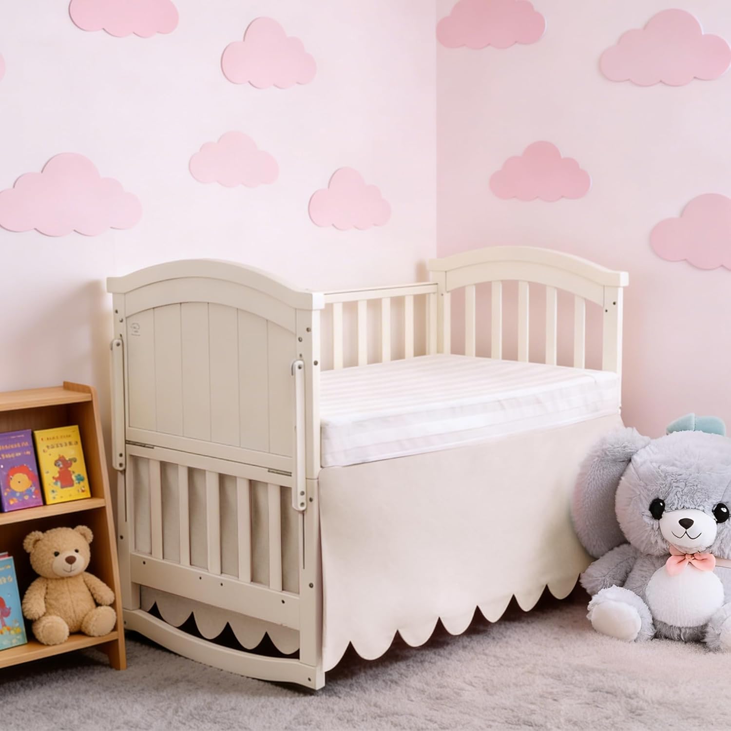 100% Cotton Scallop Edge Crib Bed Skirt, 28"x 52" with 14" Drop, 4-Sided Soft Breathable Cotton Bedding Skirt for Baby Boys Girls, Elegant Vintage Chic Boho Nursery Decor Toddler Bedskirt