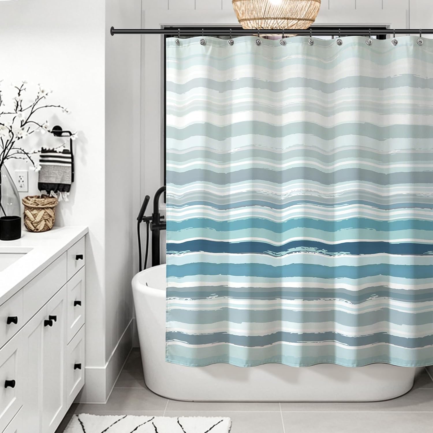 Sunlit Ombre Teal Textured Slubbed Fabric Shower Curtain, Teal Blue and White Stripe Shower Curtains for Bathroom Decoration, Wave Striped Bathroom Curtains, 72x72