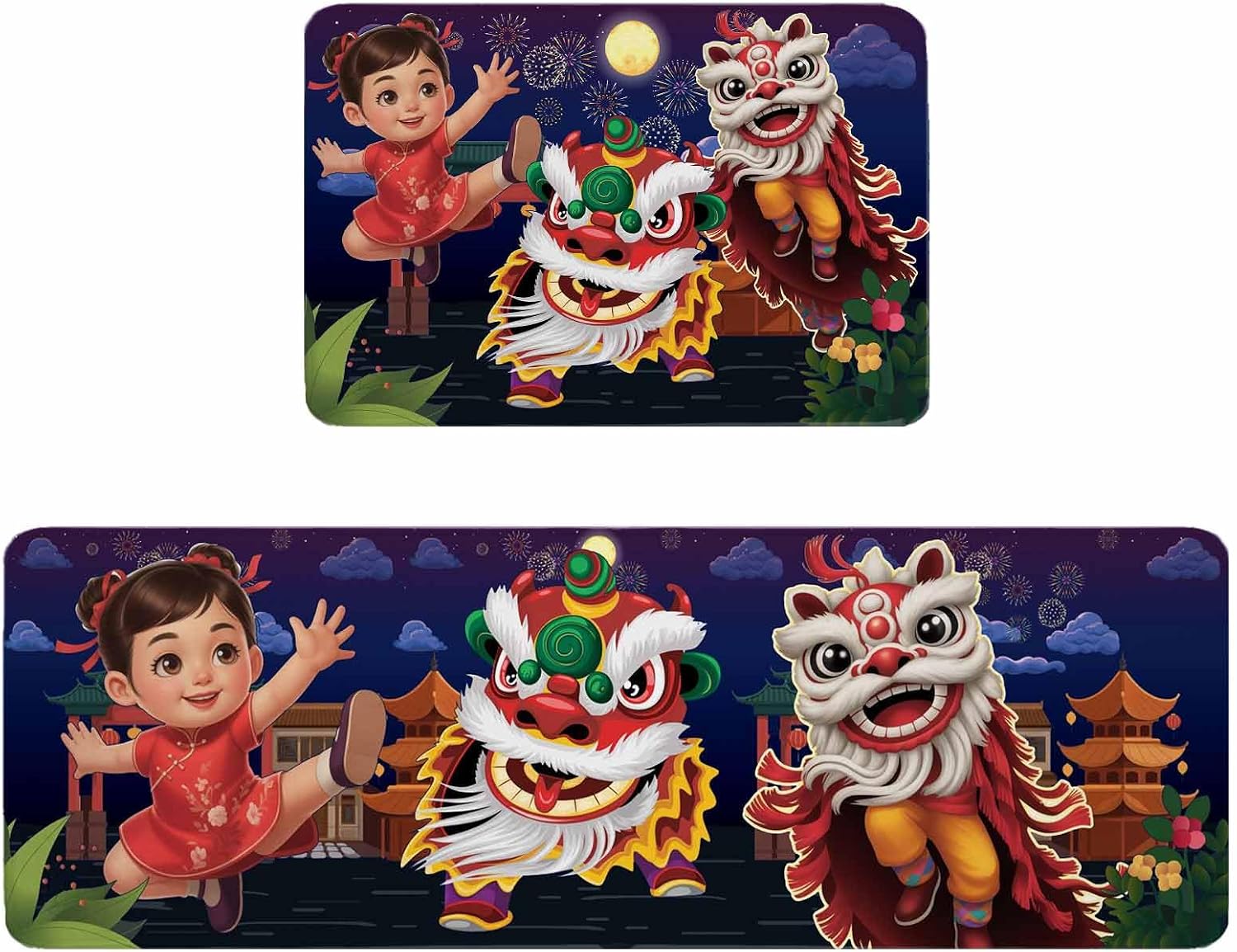 Happy New Year Kitchen Rugs and Mats Set of 2, Non-Slip Kitchen Sink Mat, Cartoon Girl Oriental Dance Lions Fireworks Washable Doormat Bathroom Rugs Runner for Bedroom 15.7"x23.6"+15.7"x47.2"
