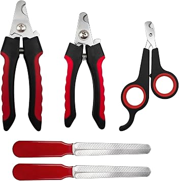 5Pcs Dogs and Cats Grooming Nail Clippers Kit Pet Claws Nail Clipper Trimmers, with Protective Guard Lock to Avoid Over Cutting, Professional Trimmers for Large and Small Cat and Dog Red and Black