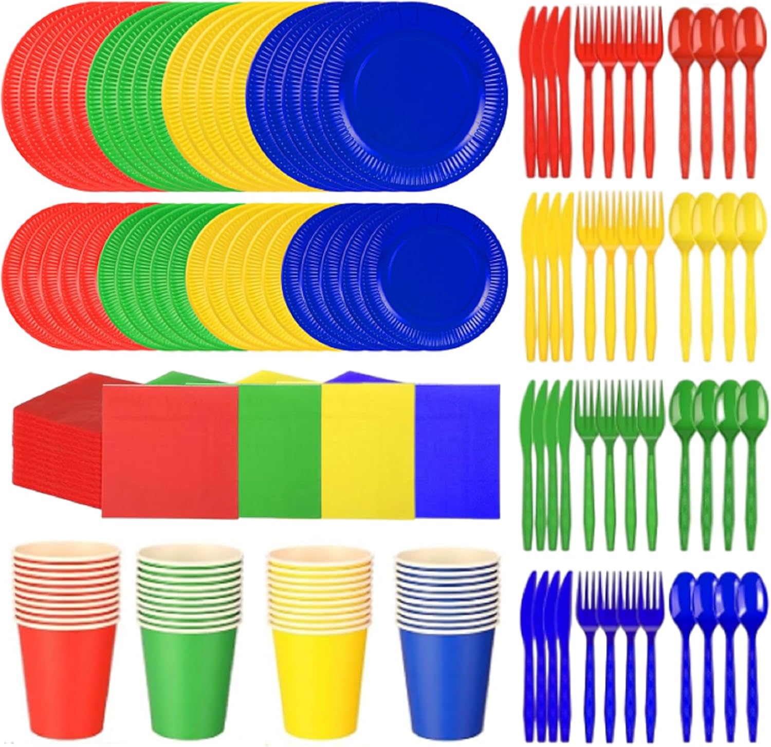 Dandat 280 Pieces Complete Party Tableware Pack 9" 7" Dinner Dessert Paper Plates 9oz Cups Napkins Plastic Forks Knives Spoons for Birthday Carnival Supplies, Serves 40(Blue Red Green Yellow)