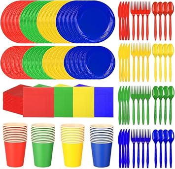 Dandat 280 Pieces Complete Party Tableware Pack 9" 7" Dinner Dessert Paper Plates 9oz Cups Napkins Plastic Forks Knives Spoons for Birthday Carnival Supplies, Serves 40Blue Red Green Yellow