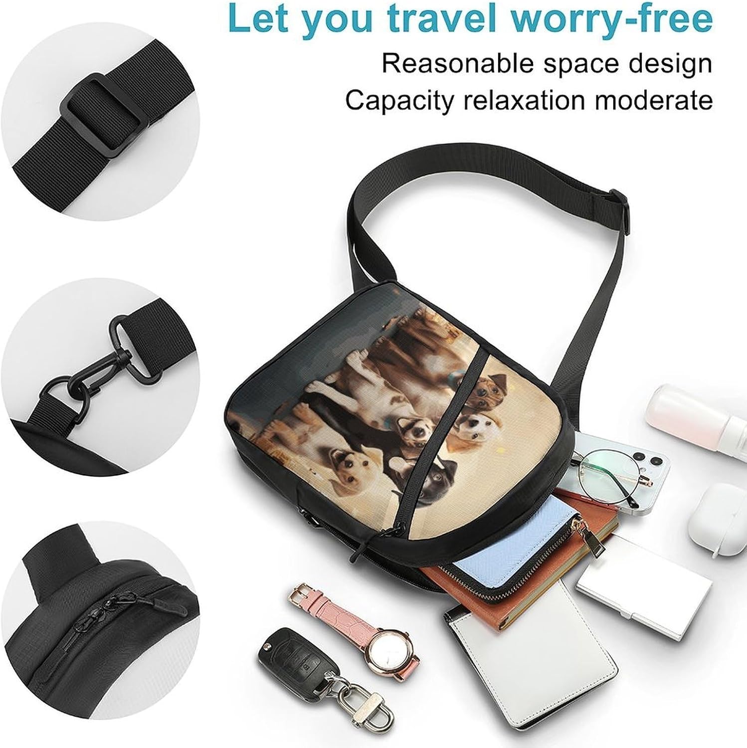 Dogs Happy Party Sling Bag Crossbody Chest Bag Fanny Pack | Foldable Oxford Cloth Crossbody Bag with Internal Storage Bag Adjustable Sling Backpack Compact Lightweight for Travel Hiking