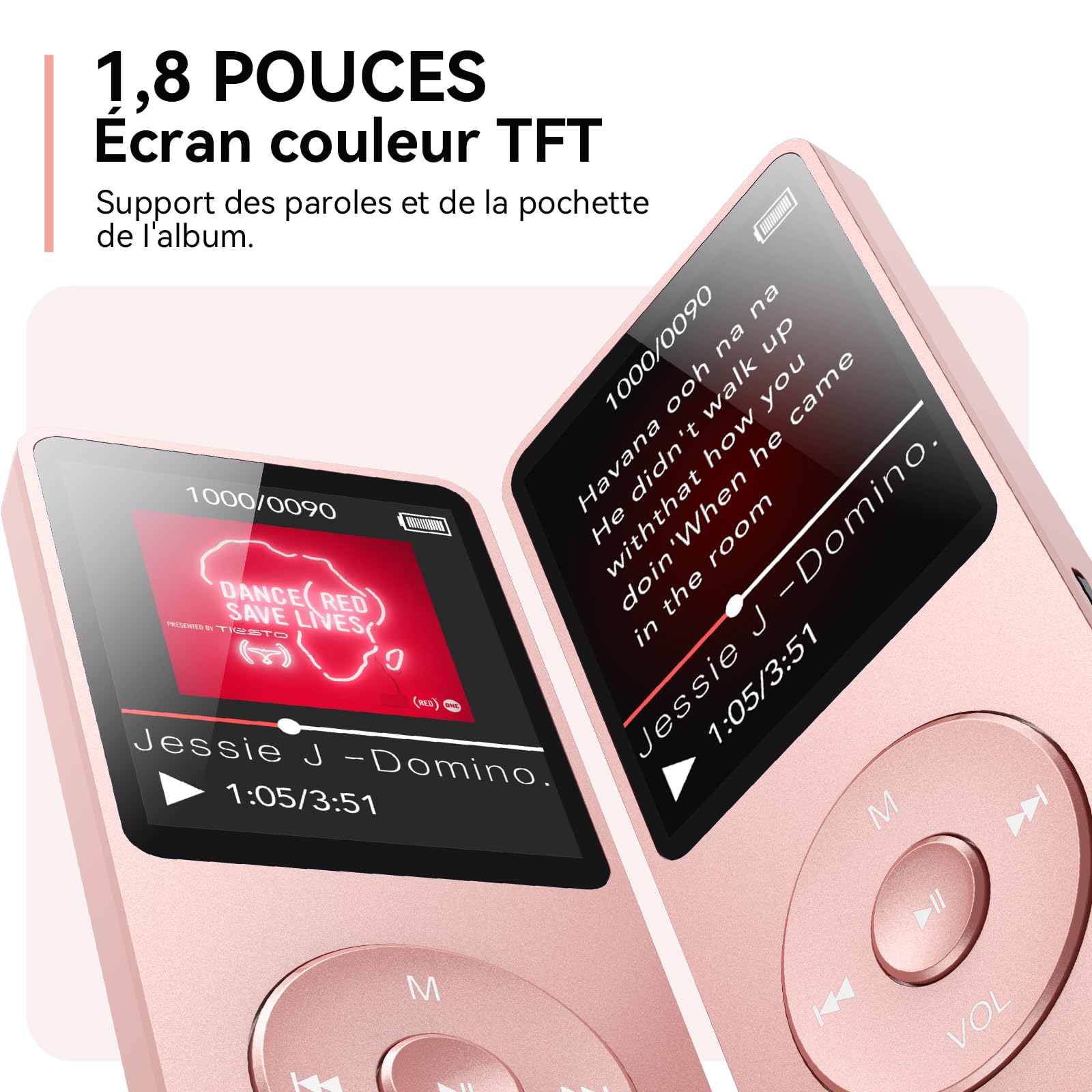 AGPTEK Lecteur MP3 Classique 64Go, Autonomie 70 Heures, Léger 30g, Hi-Fi, Baladeur Sport Enfant Adulte, Carte TF 128G - Rose