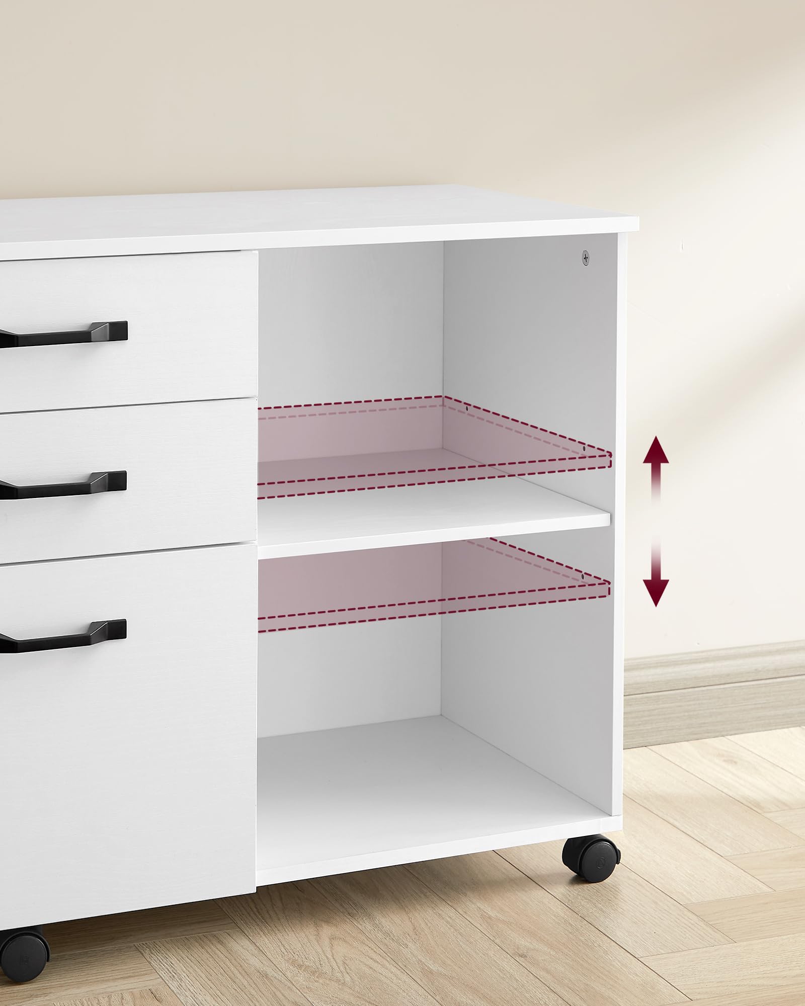 VASAGLE Rollcontainer, Aktenschrank, mit 3 Schubladen und Rollen, offene Fächer, für Dokumente in DIN A4-, Letter-Format, Druckerständer, Industrie-Design, weiß mit Holzmaserung OFC041W46