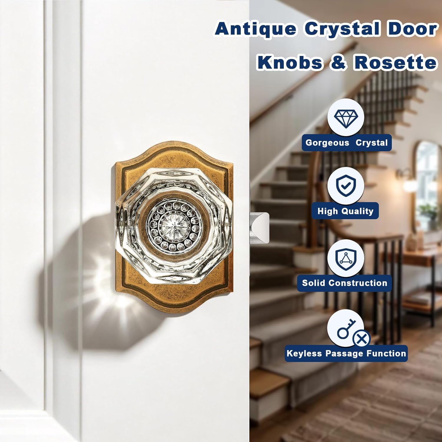Orger Glass Passage Door Knob for Hallway and Closet, Crystal Door Handle with Non-Locking Latch, Octagonal Clear Aged Brass Door Knob 5 Pack, Vintage Rosette with Heavy Duty Glass