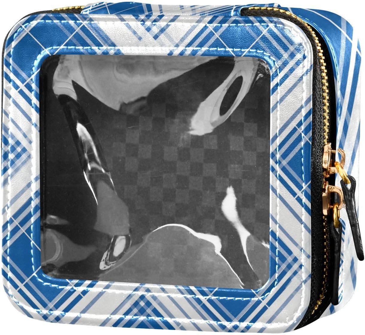 Blue and White Check Clear Makeup Bags Toiletry Bag with Zipper Mini Makeup Containers for Travel