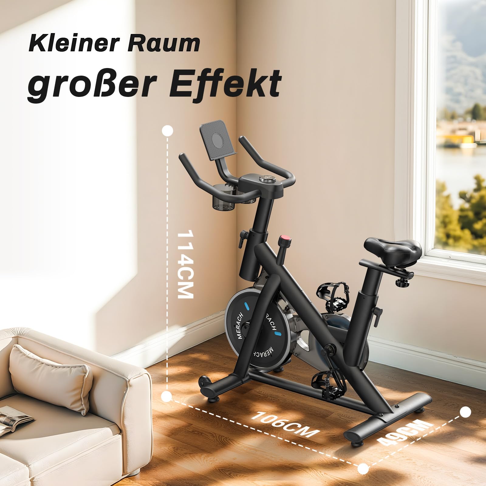 MERACH Heimtrainer Fahrrad mit Verstellbarem Widerstand, Leises Hometrainer Fahrrad mit Verbessertem LED-Monitor, Tablet-Halter, Indoor Cycling Bike für Kardiotraining zu Hause, Eigener App, Bis 136KG