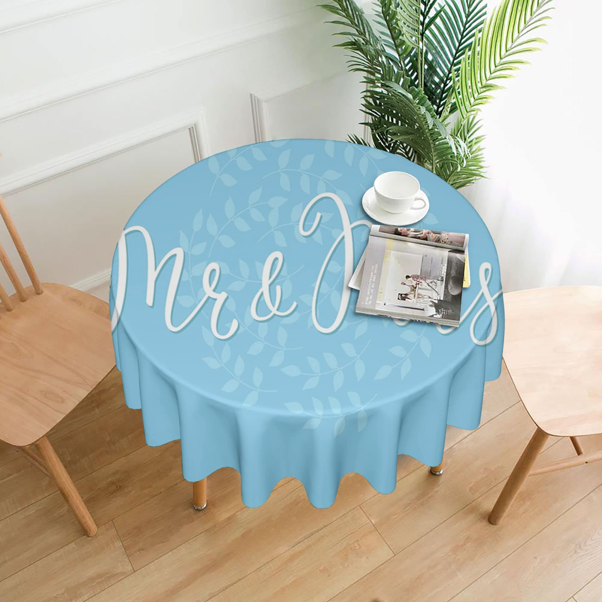 feprena Mr Mrs Tablecloth,Romantic Wedding Themed,Round 60 x 60 Inch Table Cover Polyester Stain and Wrinkle Resistant Table Cloth for Kitchen Dining Coffee Party,Blue White