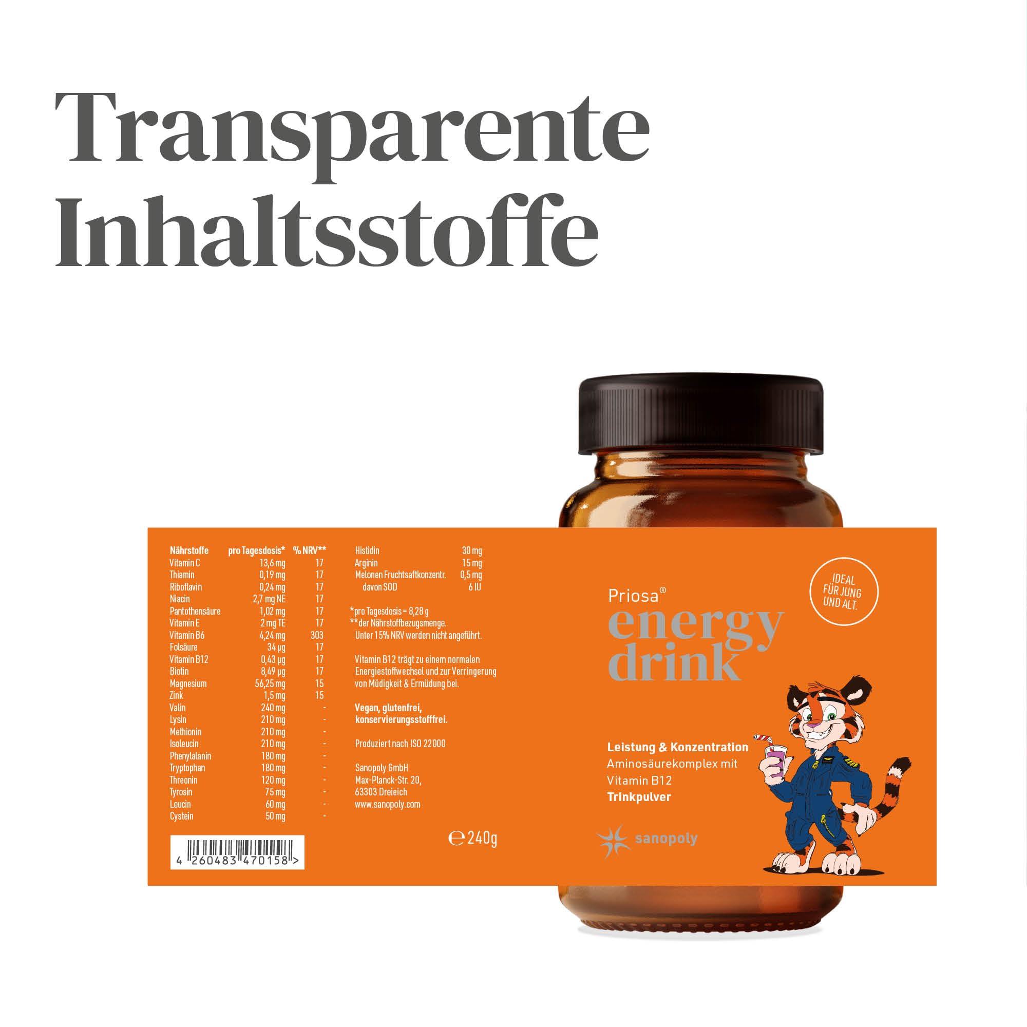 Priosa® energy drink Himbeere 240 g I Aminosäuren-Drink