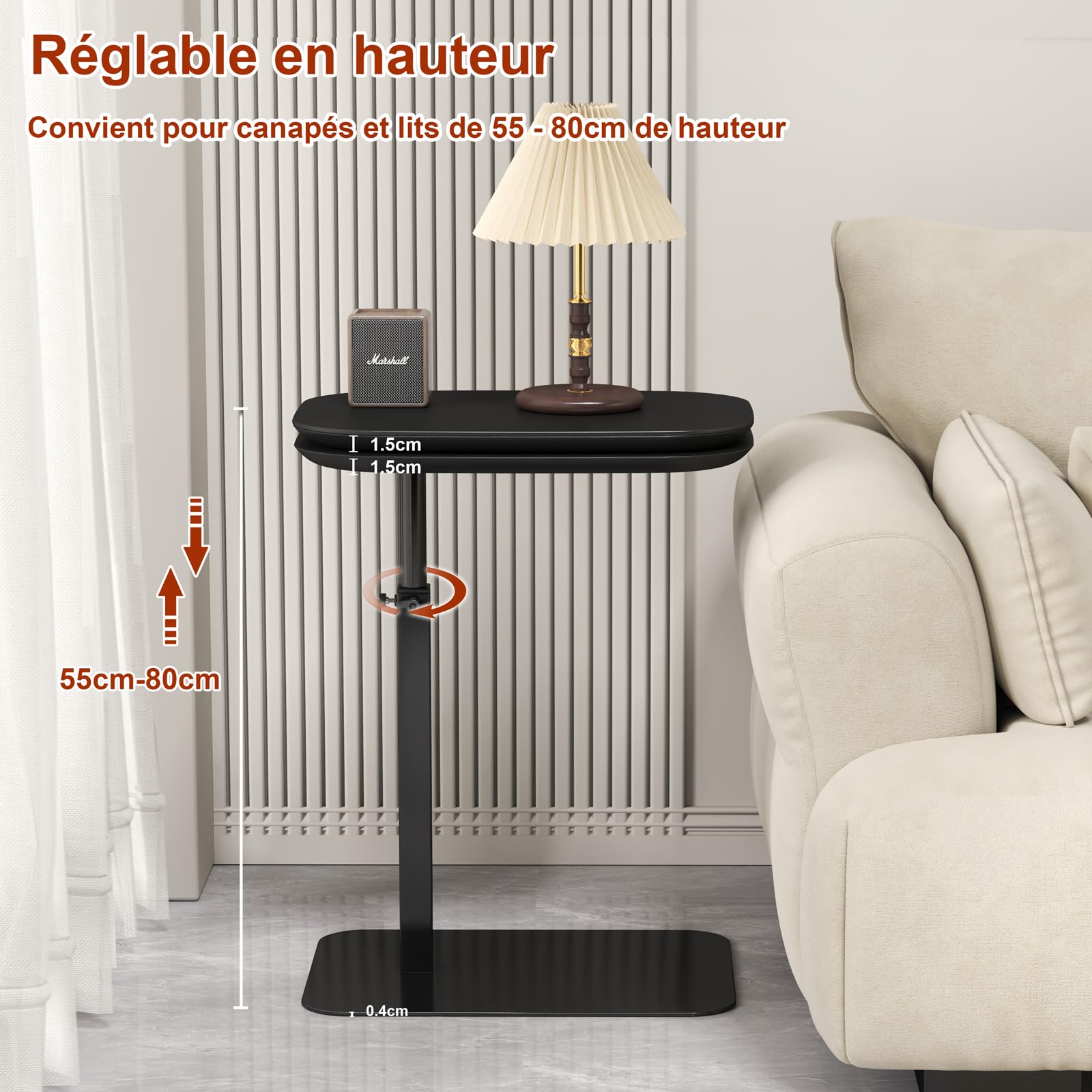 Table d'appoint en forme de C hauteur reglable, table canapé pivotante à 360°, Deux planches de table, ordinateur portable stand pour canapé/lit, Petite café C tables pour Salon/Chambre (Black)