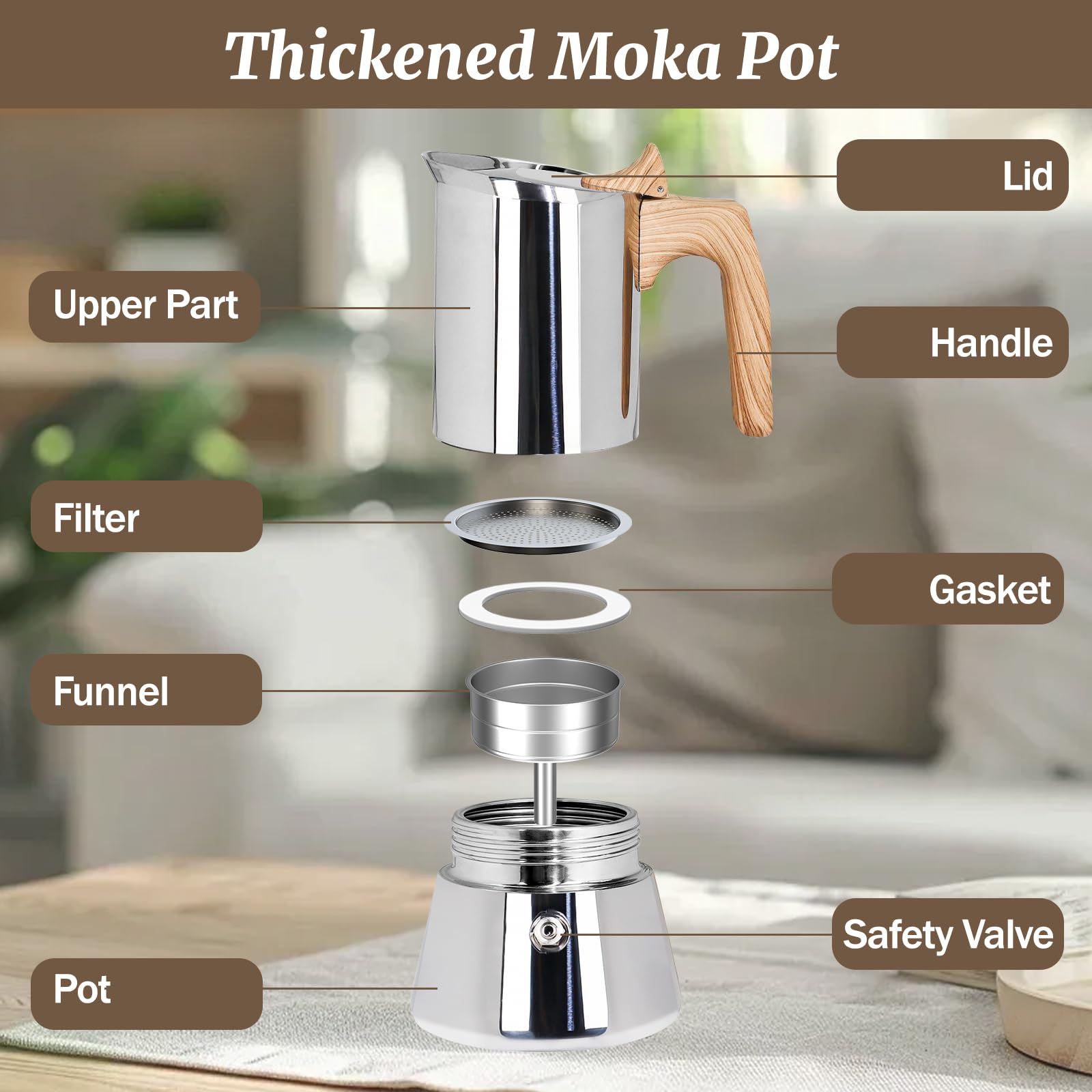 Cafetera moka de 12 taza con pared gruesa de acero inoxidable 304 | 600 ml Cafetera italiana para espresso Cafeteras de cocina Cafetera moka con filtro para cocinas de inducción