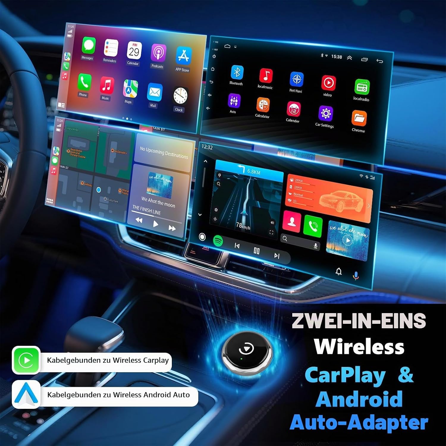 2 in 1 Wireless CarPlay & Android Auto Adapter, Bluetooth 5.3 + 5.8GHz WiFi, Kabelloser CarPlay Adapter für iPhone & Android, Plug & Play, Automatische Verbindung, Mini Auto Dongle für Wired CarPlay