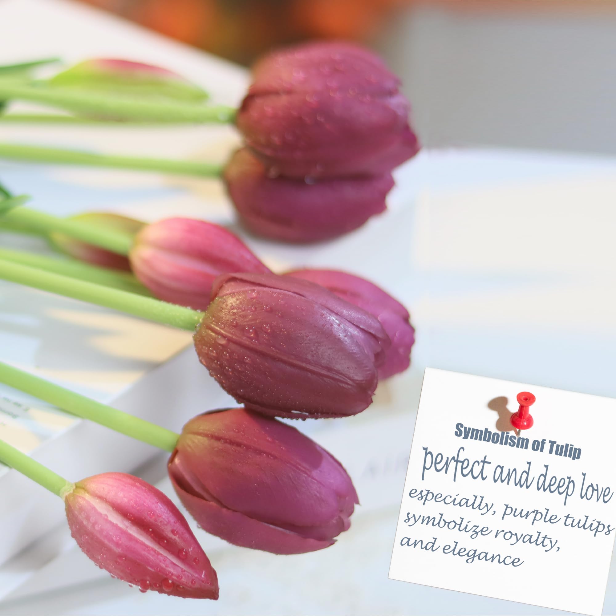Künstliche Tulpen, 40,6 cm, fühlen sich echt an, mit künstlichen Blättern, künstlichen Tulpen und Knospen für Heimdekoration, Tafelaufsatz, Ornament, Hochzeitsstrauß, Dunkelviolett, 20 Stück