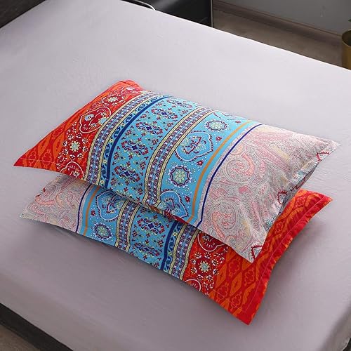 Miniatura 8 de Juego de sábanas retro bohemias, 1 sábana bajera, 1 encimera, 2 fundas de almohada, 4 piezas (individual XL, rojo)