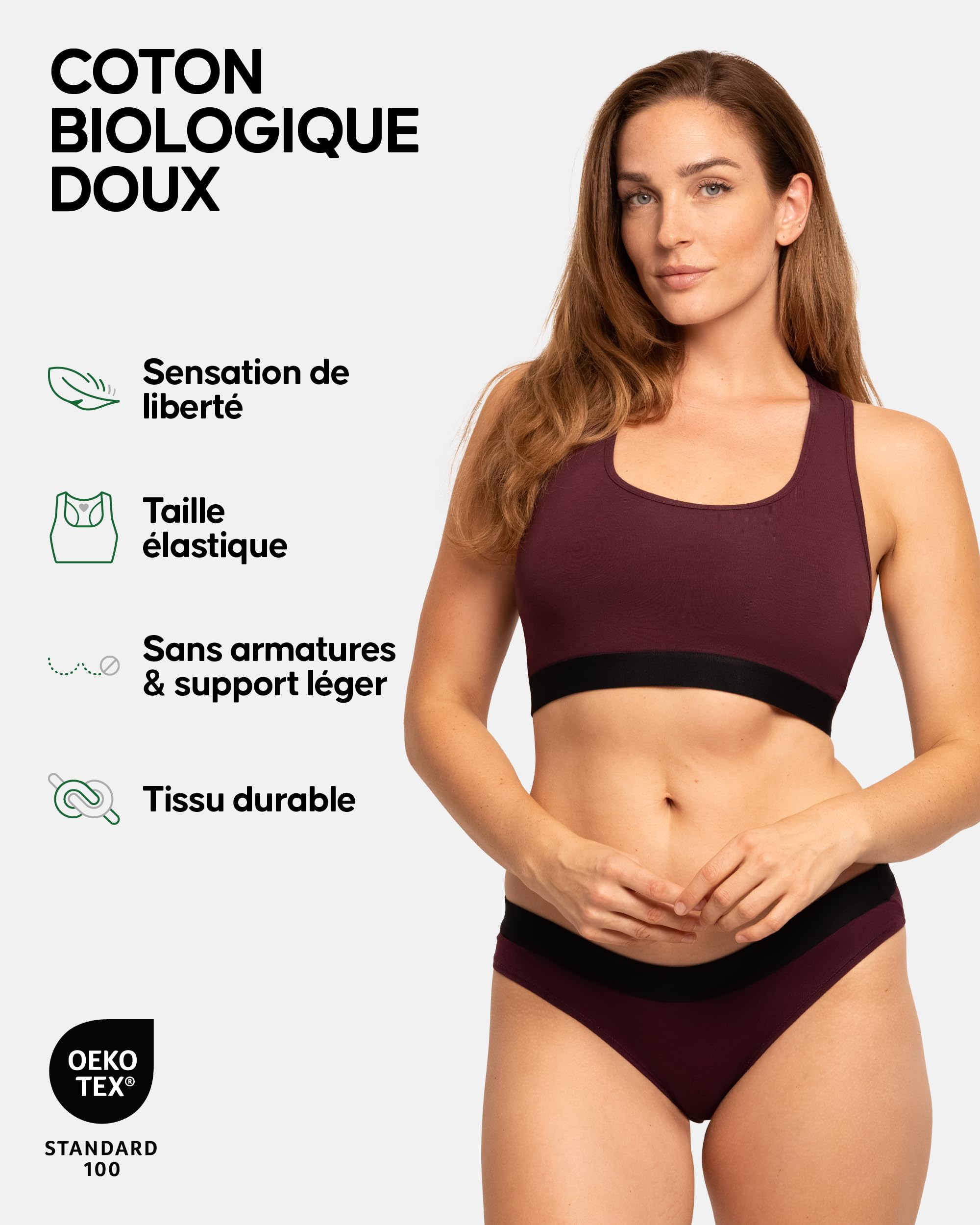DANISH ENDURANCE Strings en Coton Bio Stretch, Tanga Doux et Confortables, pour Femme, Lot de 3 | Brassière en coton bio, sans fil, avec soutien léger et dos nageur, pour un usage quotidien et des entraînements légers
