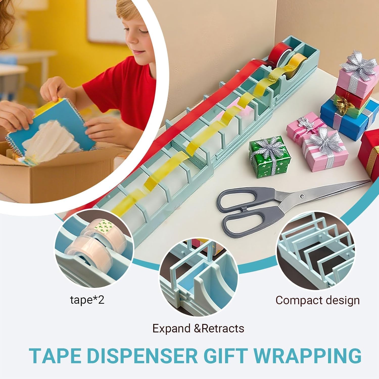 Original Virus Desktop Tape Dispenser for Gift Packaging and Crafts, Capable of preparing 18 Tapes Without the Need for Blades, Standard, Double-Sided Tape (Blue)