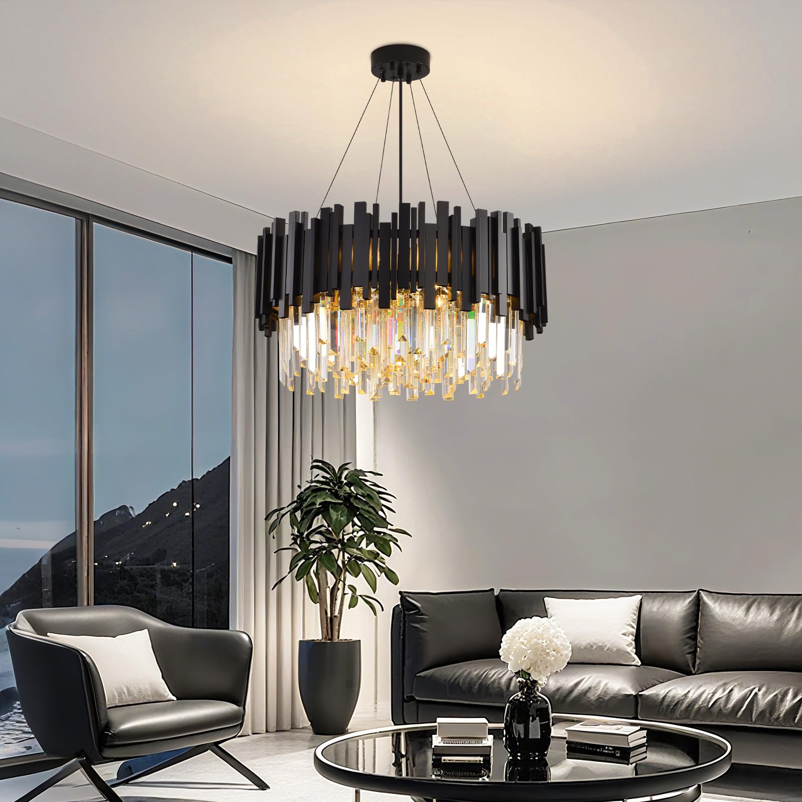 Moderne Kristall Kronleuchter, Schwarz Rund Kristall Pendelleuchte, 9×E14 Lampenfassung Hängellampe für Wohnzimmer, Esszimmer, Schlafzimmer