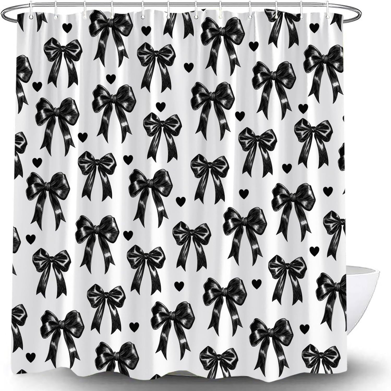 Black Bow Shower Curtain Cute Bowknot Heart Modern Aesthetic Minimalist Bath Curtain with Hooks