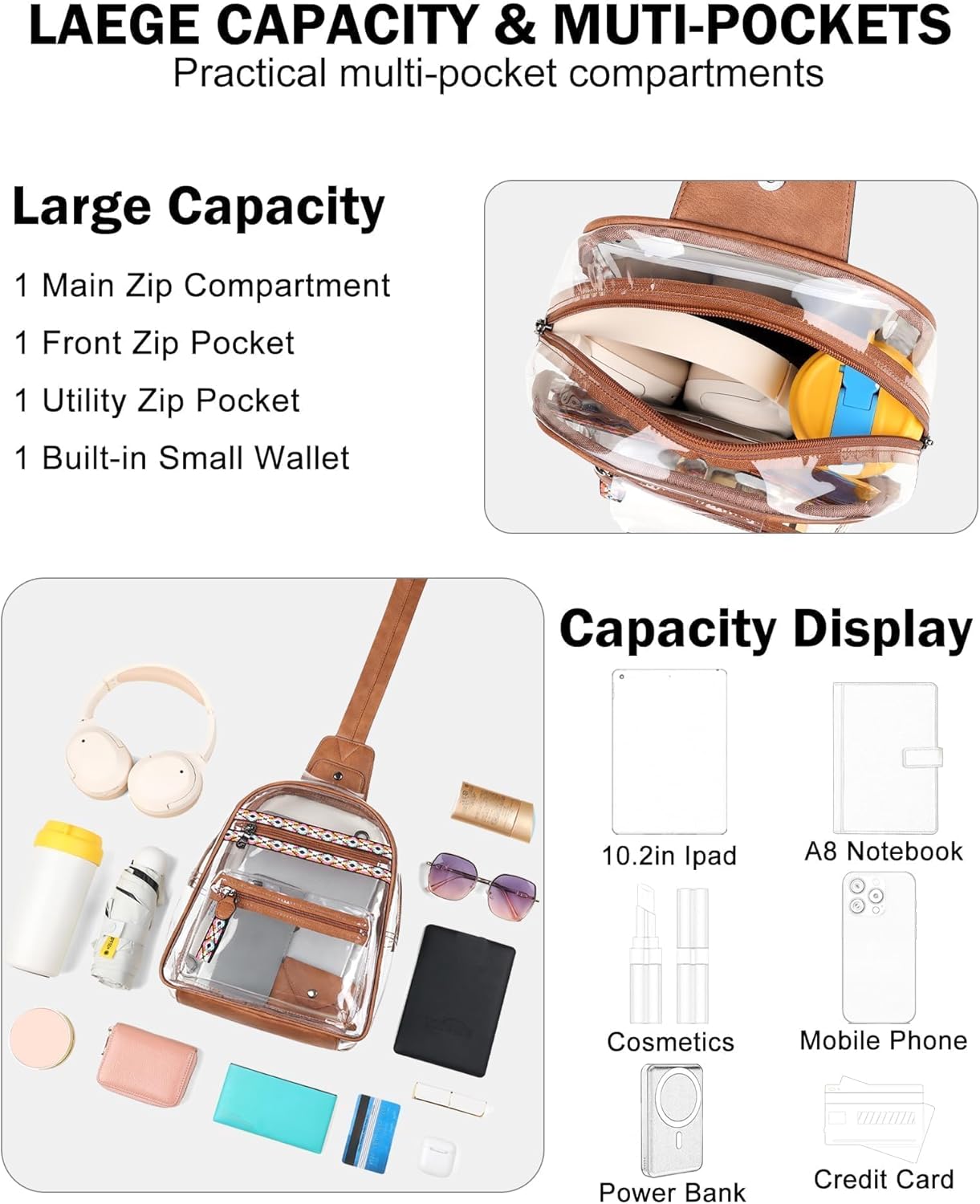 FADEON Large Clear Bag for Stadium Events, Transparent Purse Designer See Through Women's Crossbody Sling Bags Concerts Sports - Image 4