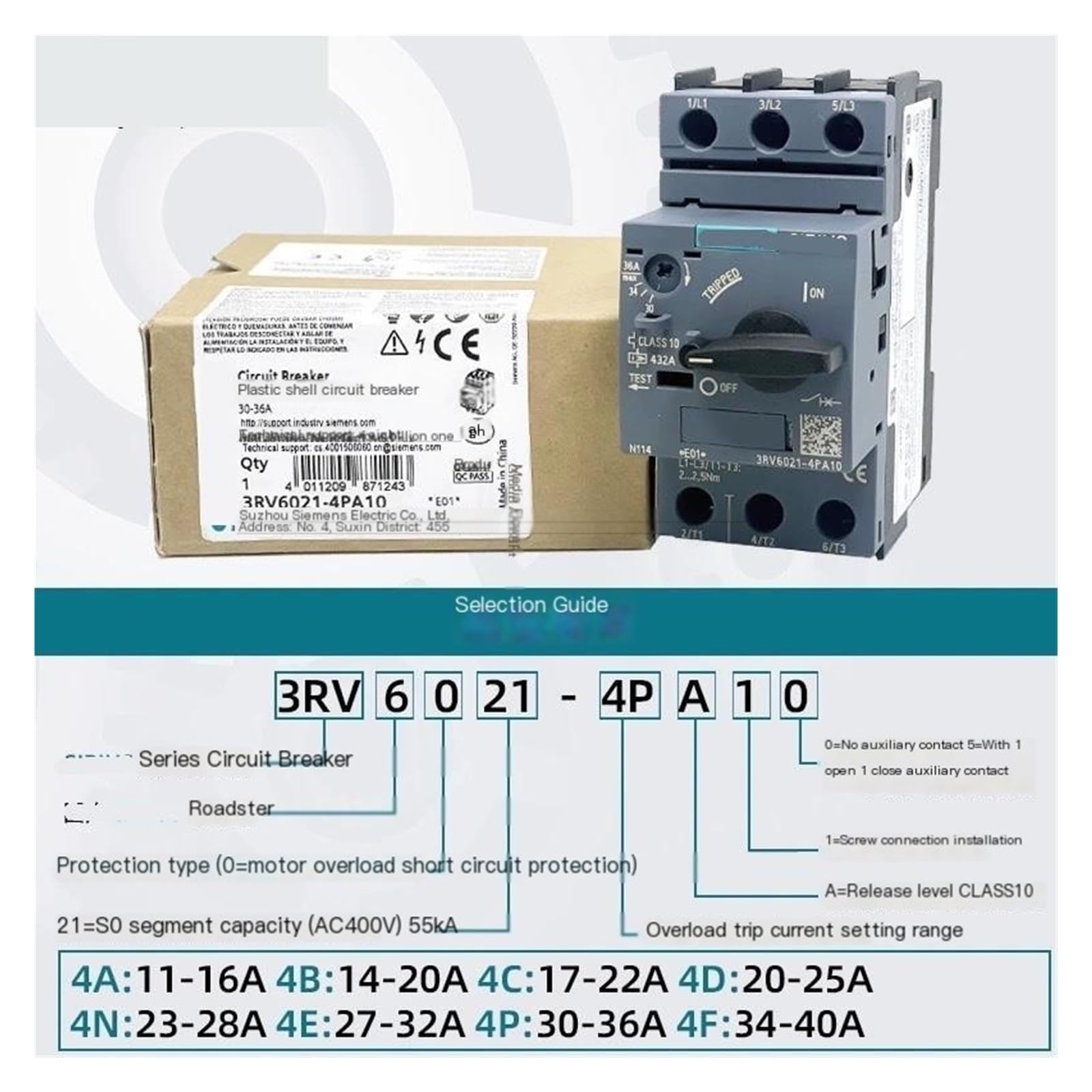 AVSBBYEPS Motorschutzschalter 3RV6021-4A/B/C/D/N/E/P/FA15 Motorüberlastschutz eine Öffnungs- und Schließhilfe(3RV6021-4AA1/11-16A)