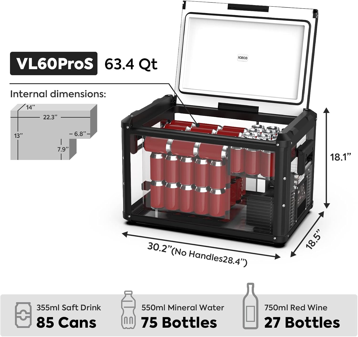 ICECO VL60 ProS Upgraded 60L Portable Car Refrigerator with SECOP Compressor, Multi-Directional Opening Lid, 0℉ to 50℉, 2 USB Charger & DC 12/24V, AC 110-240V, 12v Refrigerator for Home & Car Use