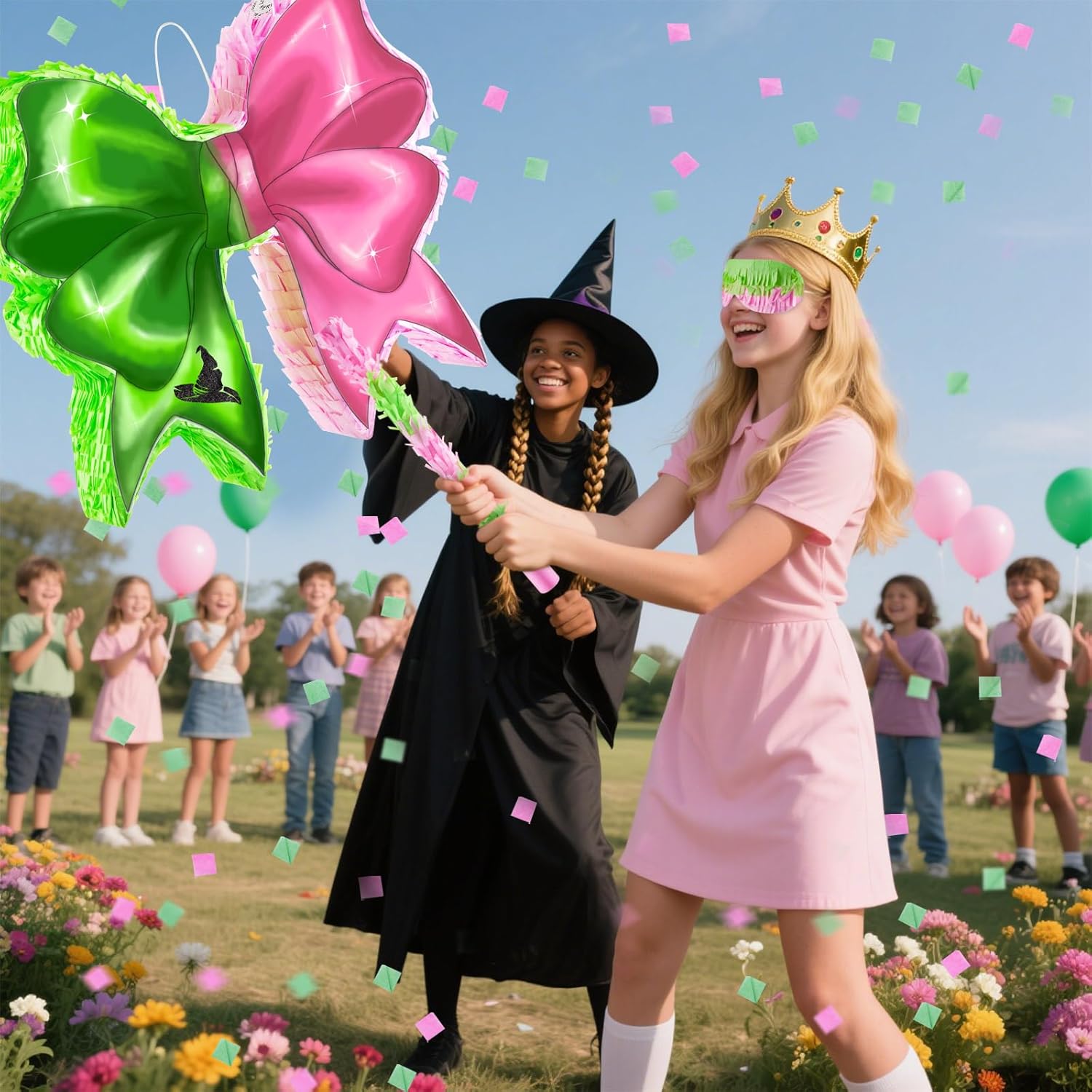 Watersay Witch Piñata, Green and Pink Bow Party Piñata, Witch Party Favors Decoration Set with Bat Stick, Blindfold Mask and Confetti for Halloween Girl Princess Birthday Baby Shower Supplies