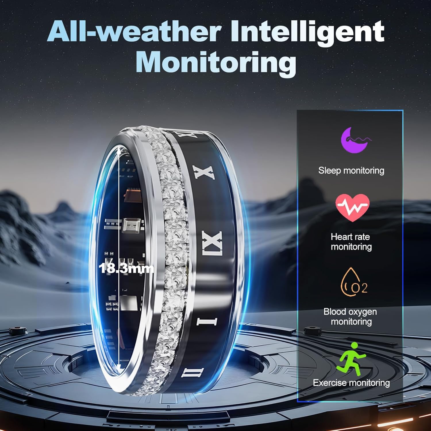 Anello Smart Health con diamanti incastonati per uomini e donne, fitness tracker con frequenza cardiaca, ossigeno nel sangue, pressione sanguigna, conteggio dei passi, monitoraggio del sonno