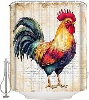 Ayezobiq Rooster Bathroom Shower Curtain, Retro Chicken Farm Animal Rustic Country Waterproof Washable Soft Bath Curtain for Bathtub Decor with 12 Hooks&Grommet, 36x72 Inch