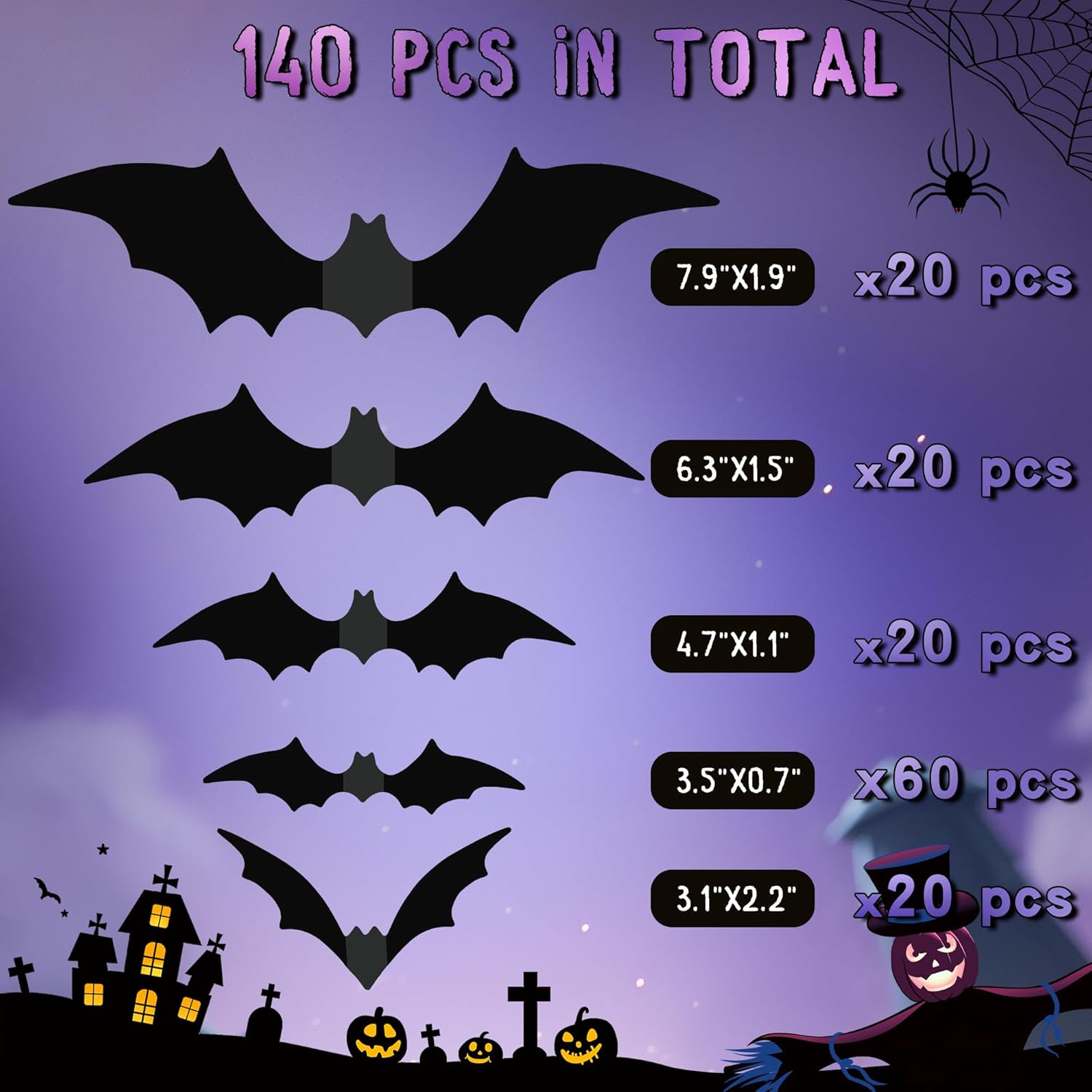 Condition photo showing New/Like New for Halloween bat Decoration, 140pcs Realistic PVC Black 3D Horror Stickers, 4 Sizes of Halloween Wall Decorations, Suitable for Party Decorations Horror Home (140)