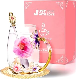 Wisolt Birthday Gifts for Women Mothers Day Gifts for Mom Enamel Glass Tea Cup Gifts for Her Mom Grandma Teacher Friend Anniversary Christmas Valentines Day Glass Coffee Mug with Spoon