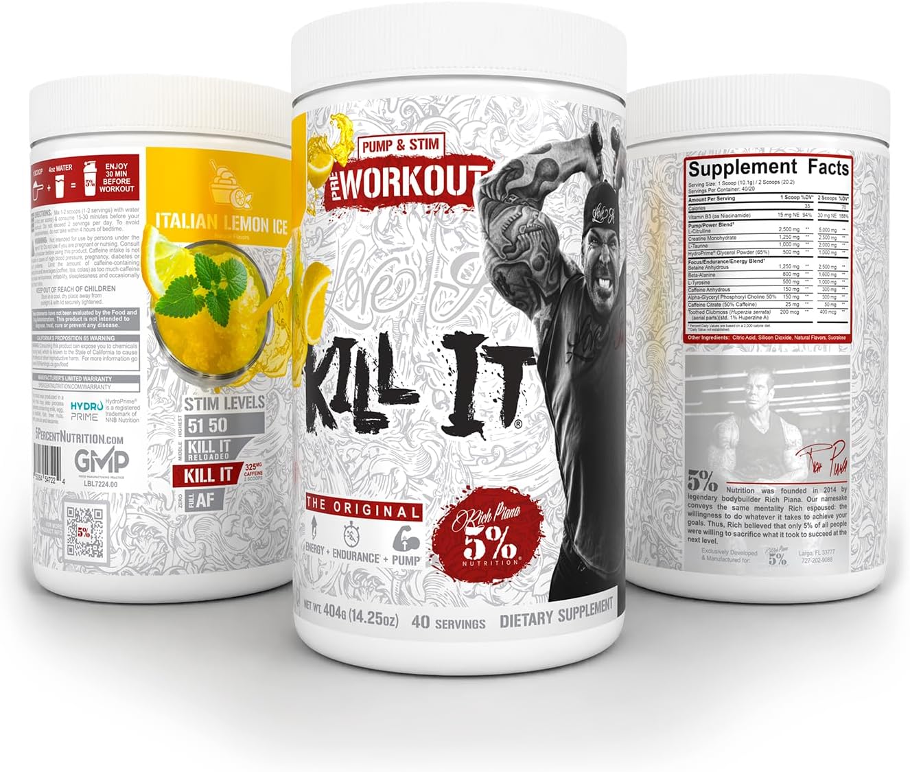 5% Nutrition Rich Piana Kill It Pre Workout Powder w/Creatine, Caffeine, Beta Alanine, Hydroprime Glycerol for Pump, Strength, Endurance | 20/40 Srvgs (40 Servings, Italian Lemon Ice)