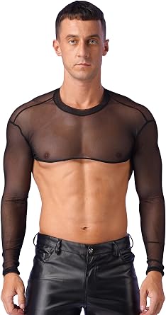 Mens See-Through Long Sleeve Crop Top Shrug Bolero Motorcycle Slim Mesh Tops T Shirt