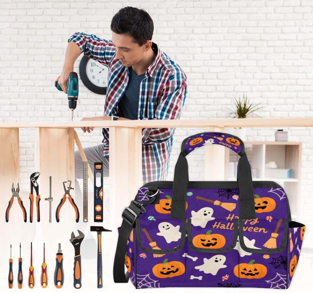Funny Halloween Heavy Duty Tool Bag 14.8 Inch Pumpkin Ghost Portable Soft Tool Box Organizer Storage with Adjustable Shoulder Strap