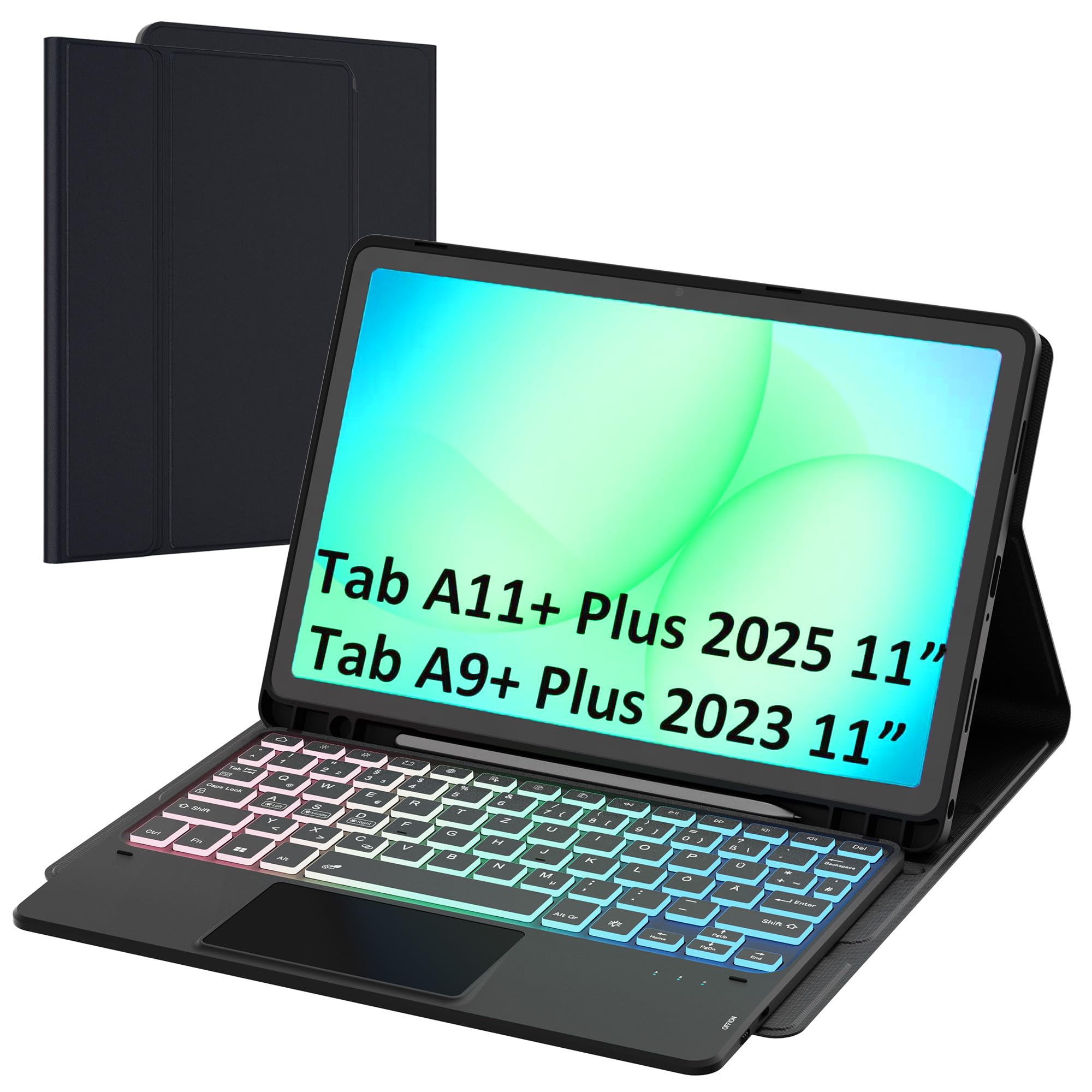 für Samsung Tab A11+ Plus/A9+ Plus 11 Zoll Hülle mit Tastatur: Galaxy A11 Plus Tablet Tastatur mit Touchpad & 3-Zozen-7-Farbige Beleuchtung - Deutsches QWERTZ-Layout Tastaturen Hülle mit Pen Halter