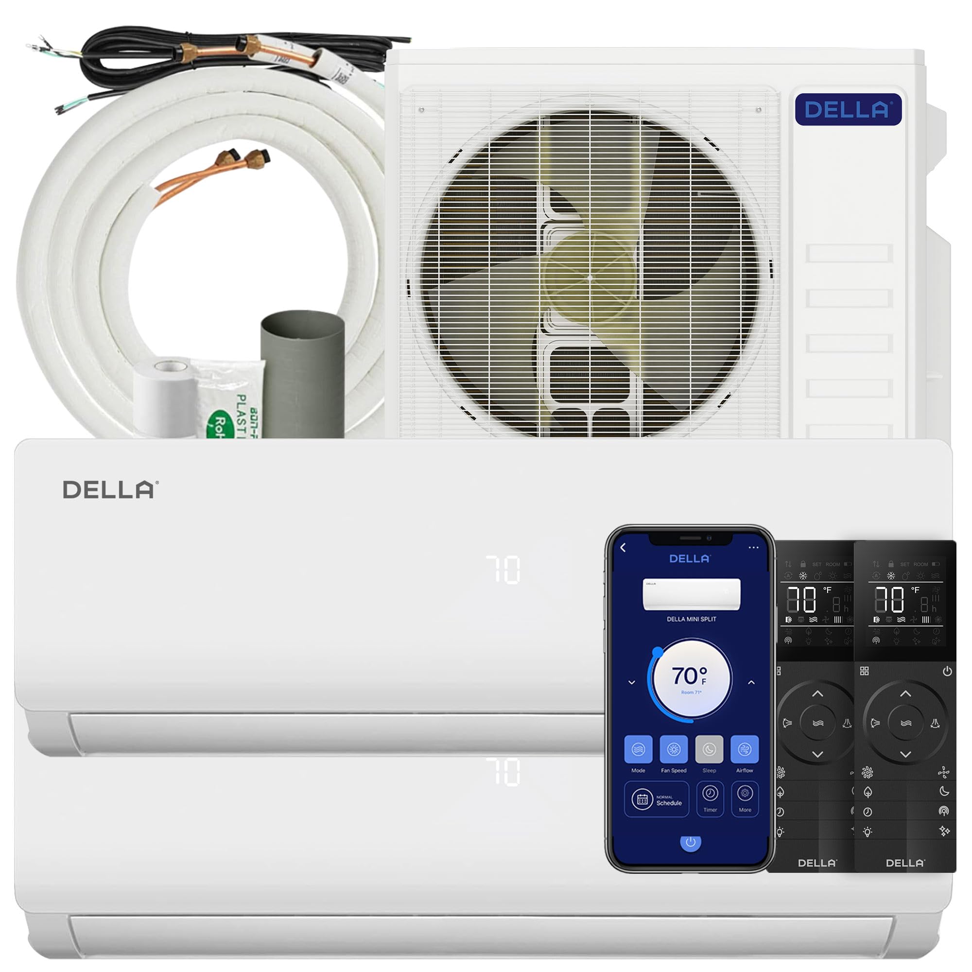 Aire acondicionado minisplit DELLA ODU 2 de 28 000 BTU, doble zona, 18 000 BTU, wifi, bomba de calor, compatible con Alexa, 20 SEER2, 208 V, 230 V, enfría hasta 180 m², multizona, sin ductos, precargado, kit de instalación de 4,8 m.