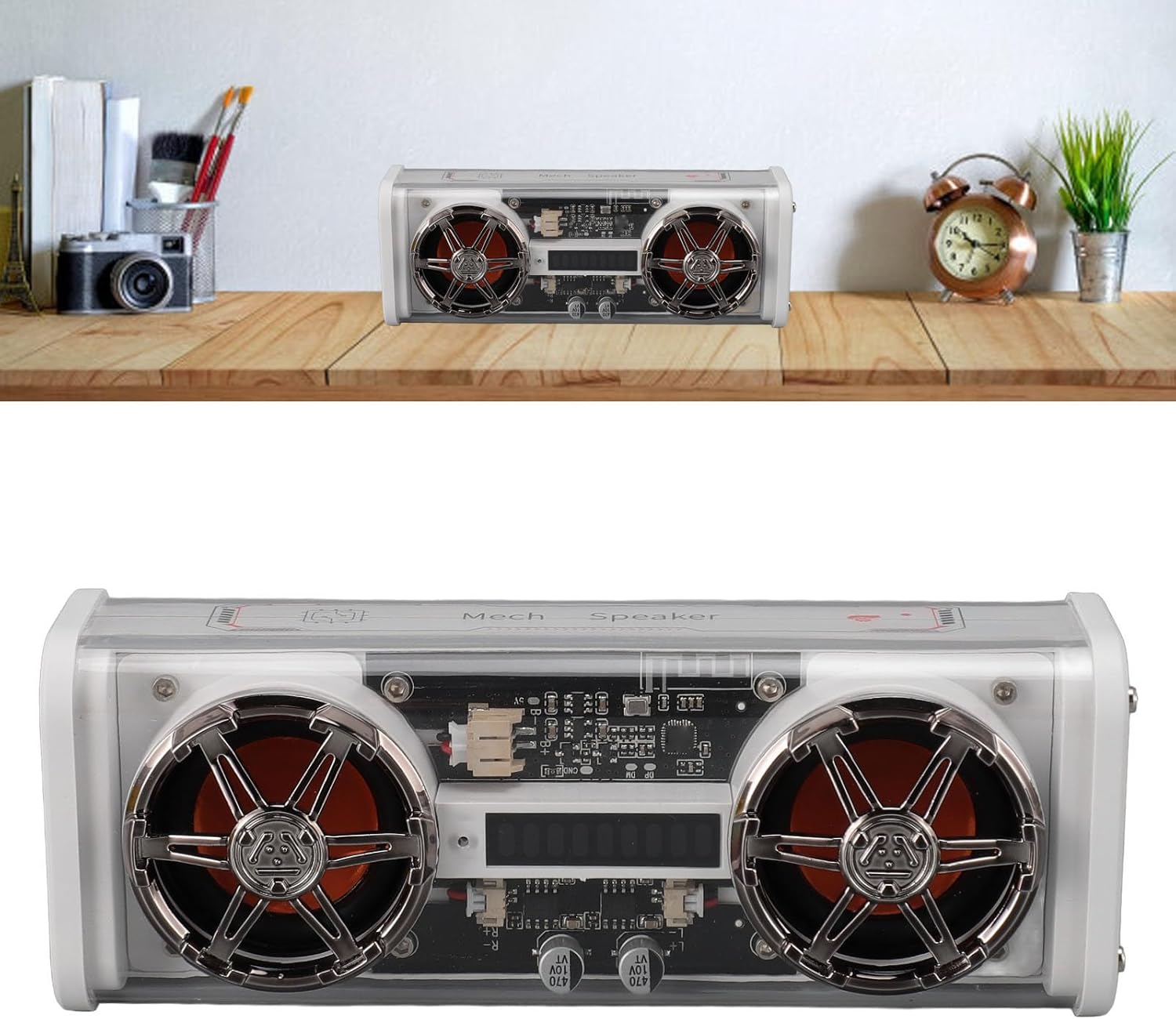 Bluetooth 5.3 Speaker with Subwoofer,Transparent Mech Design Outdoor Speakers,Portable Colorful Lights Speaker for Home Party Travel (White)