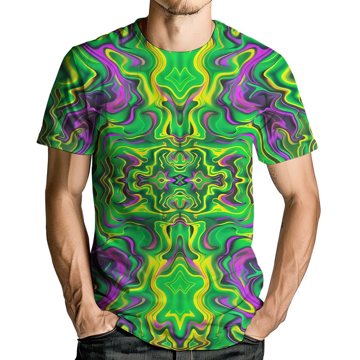 RASBCTK Psychedelic Tie Dye Shirt for Men Women Graphic Tees Unisex 3D Printed Short Sleeve Novelty Tops T-Shirts, Green, XXL