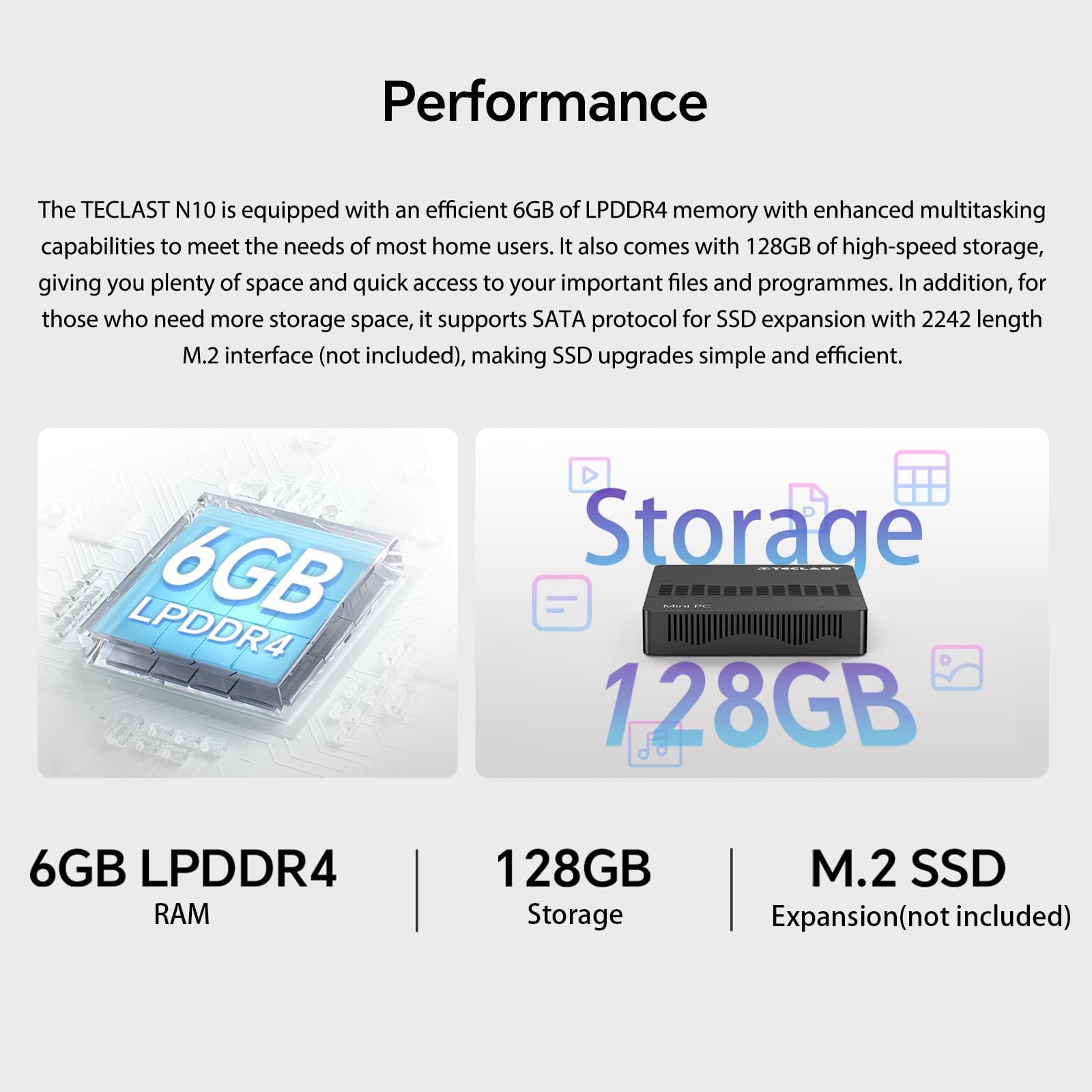 TECLAST Mini PC N10, 6GB DDR4 128GB Piccolo PC Intel N4000(fino a 2.6GHz), 4K Dual Display UHD, Supporto M.2 SATA SSD, WiFi 5/BT 5.0, USB3.2x3, HDMI, RJ45, Mini Portatile Computer PC Fisso Per Ufficio