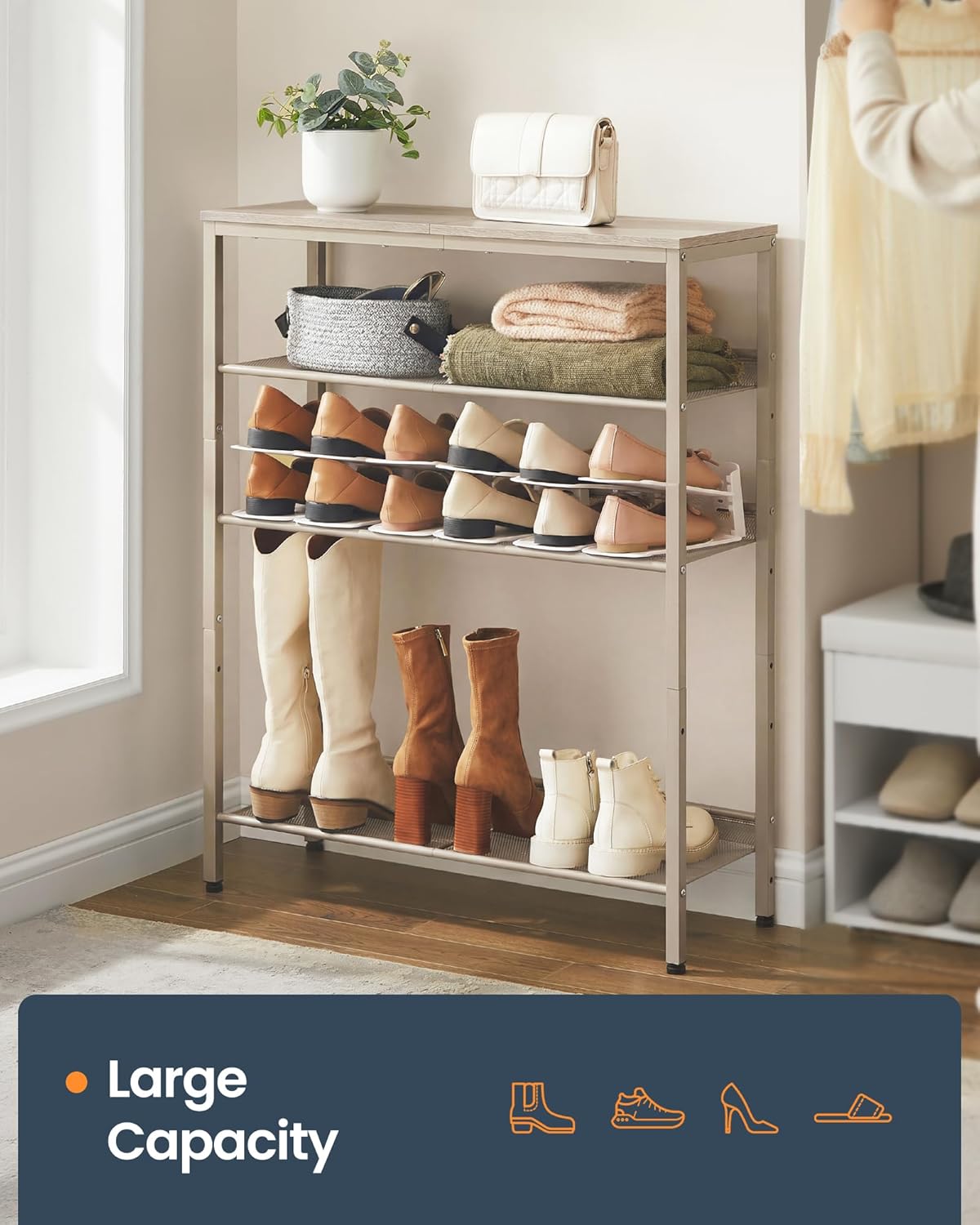 SONGMICS Home 5 Tier Shoe Storage Organizer, Freestanding Shoe Rack, Dense Mesh, for Living Room, Bedroom, Entryway, Beige