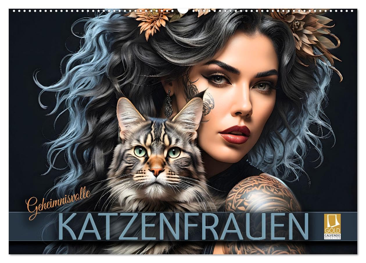 Geheimnisvolle Katzenfrauen (Wandkalender 2026 DIN A2 quer), CALVENDO Monatskalender: Zauberhafte Porträts anmutiger Samtpfoten mit ihren schönen, verführerischen Gefährtinnen (CALVENDO Tiere)