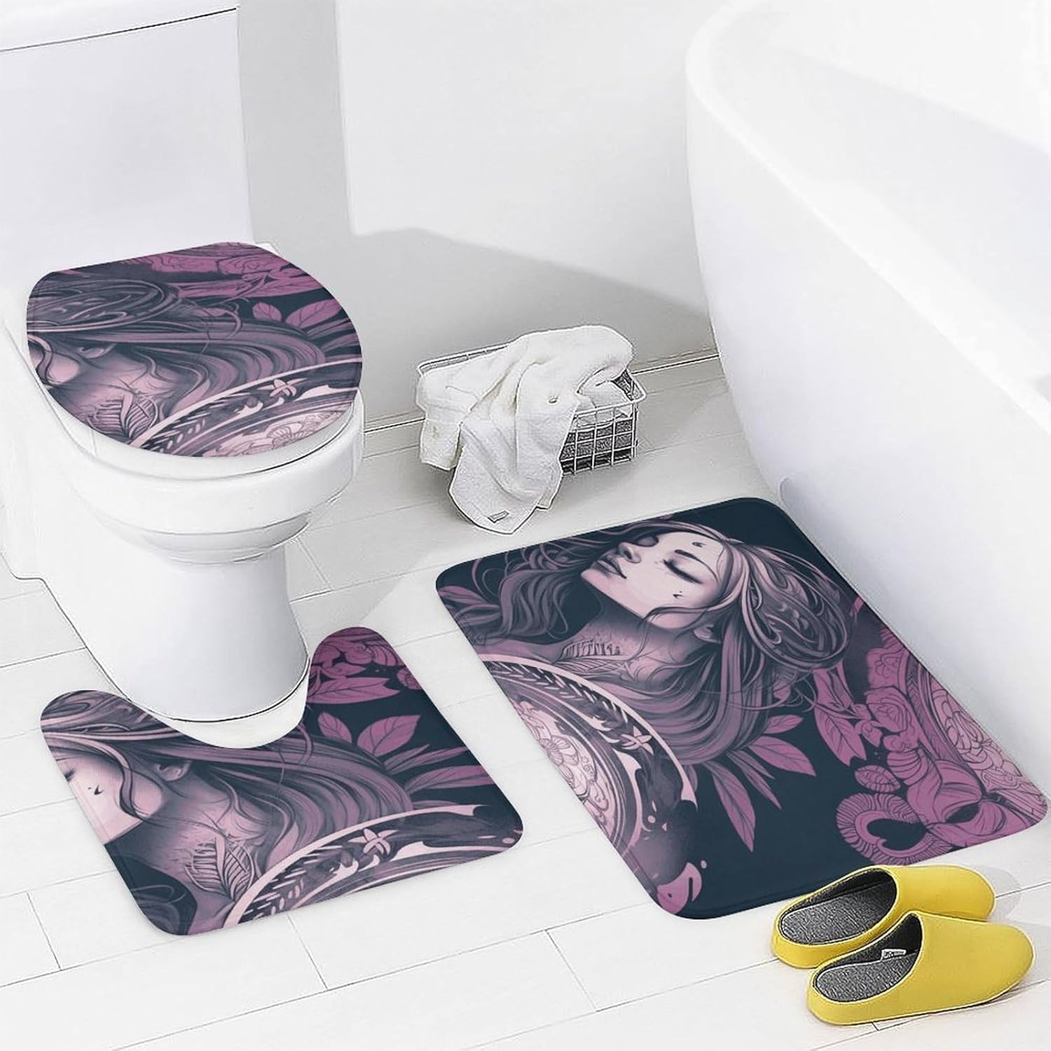Ethereal Illustration 4Pcs Shower Curtain Set with Non-Slip Rugs, Toilet Lid Cover and Bath Mat,Bathroom Set Decor Accessories,Curtain Set with 12 Hooks, 72 X 72 Inch