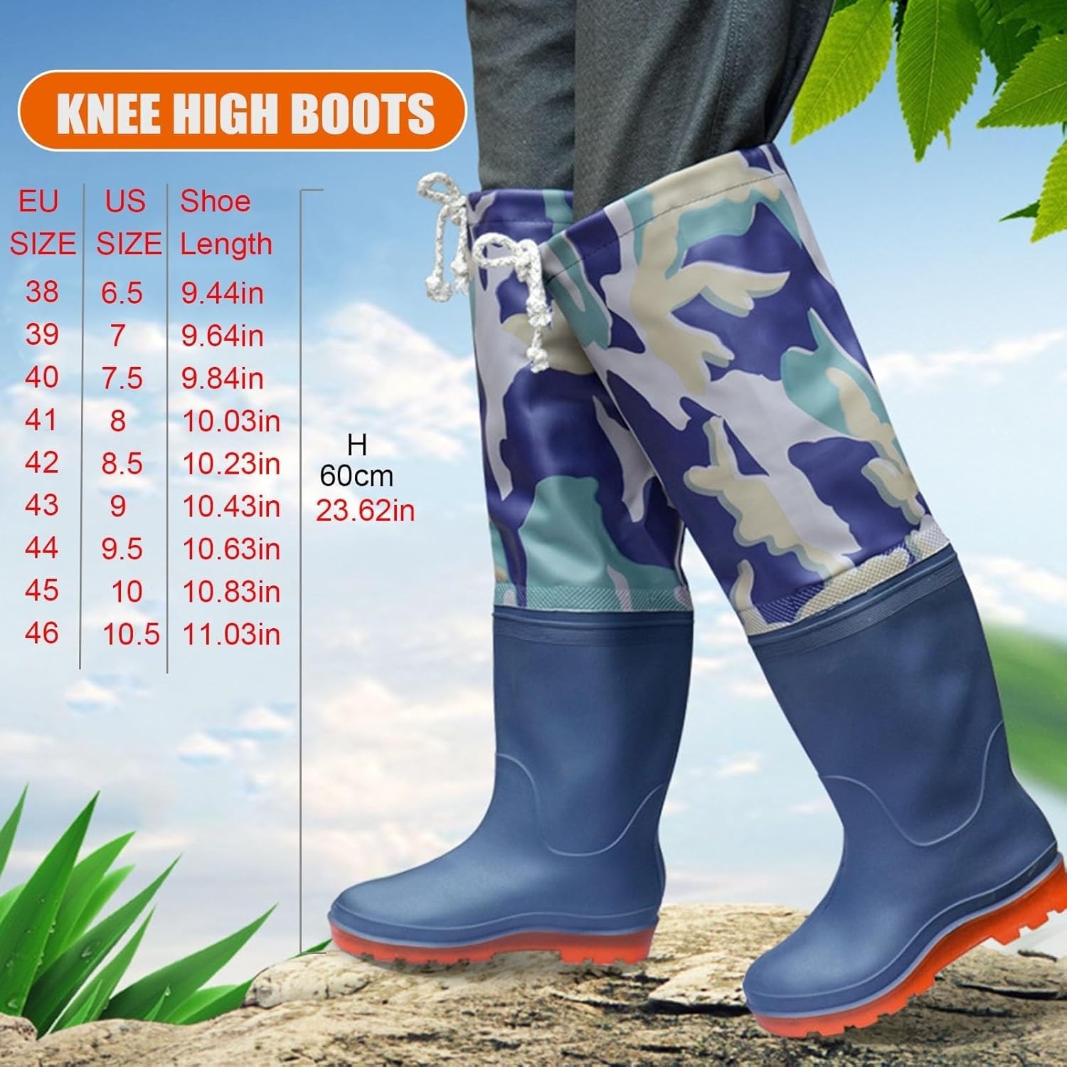 Men Waders Boots Lightweight PVC Waterproof Fishing Boots 60cm Knee High Wader Boots for Outdoor Swamp Stream Hiking，Comfortable And No Leaks(10)