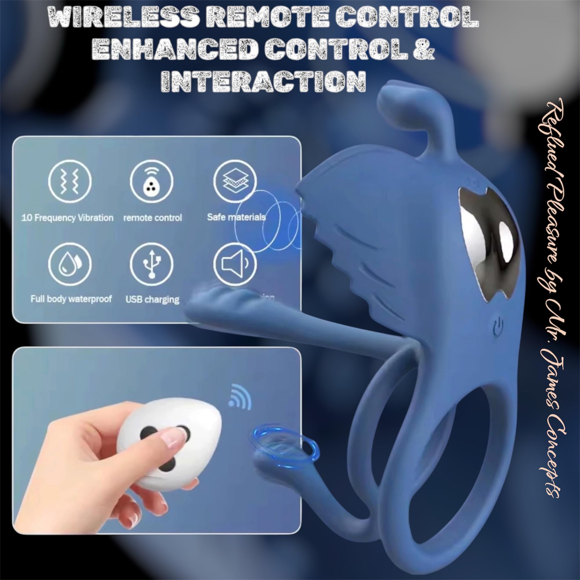 Mr. James Concepts – Wearable Anello vibrante doppio – 10 modalità Prostate & Clitoral Stimulator, impermeabile, silicone morbido, ricaricabile USBe, Fits All, coppie Pleasure Toy