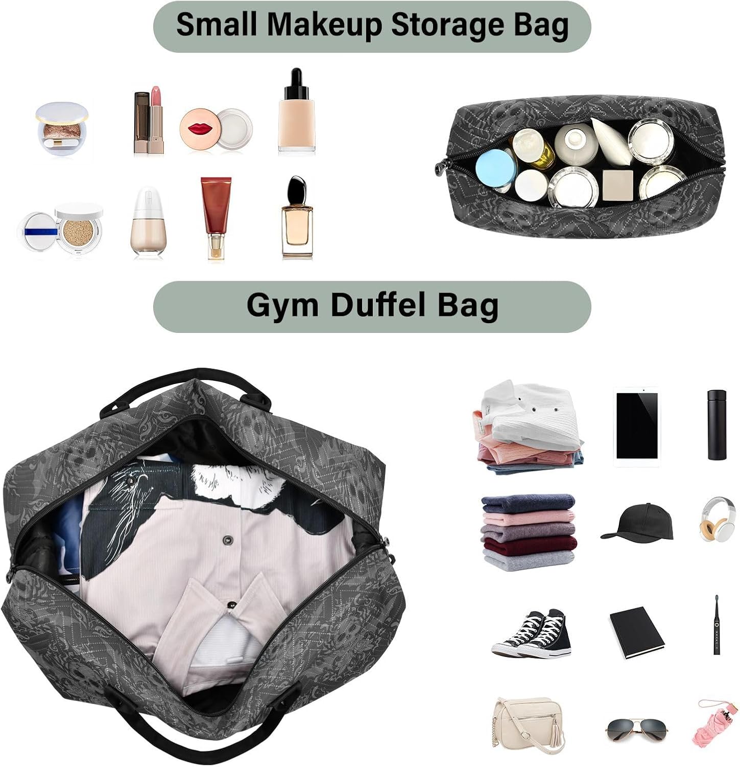 Gothic Skull Quilted Travel Bags Weekender Duffle Bags With Toiletry Bag Carry on Overnight Duffels Yoga Gym Bag for Airplanes Business Sports