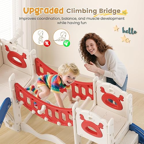 Miniatura 5 de Tobogán para niños, juego 11 en 1 para niños pequeños, nueva actualización con tobogán para niños, tabla de dibujo, juego de golf, aro de baloncesto