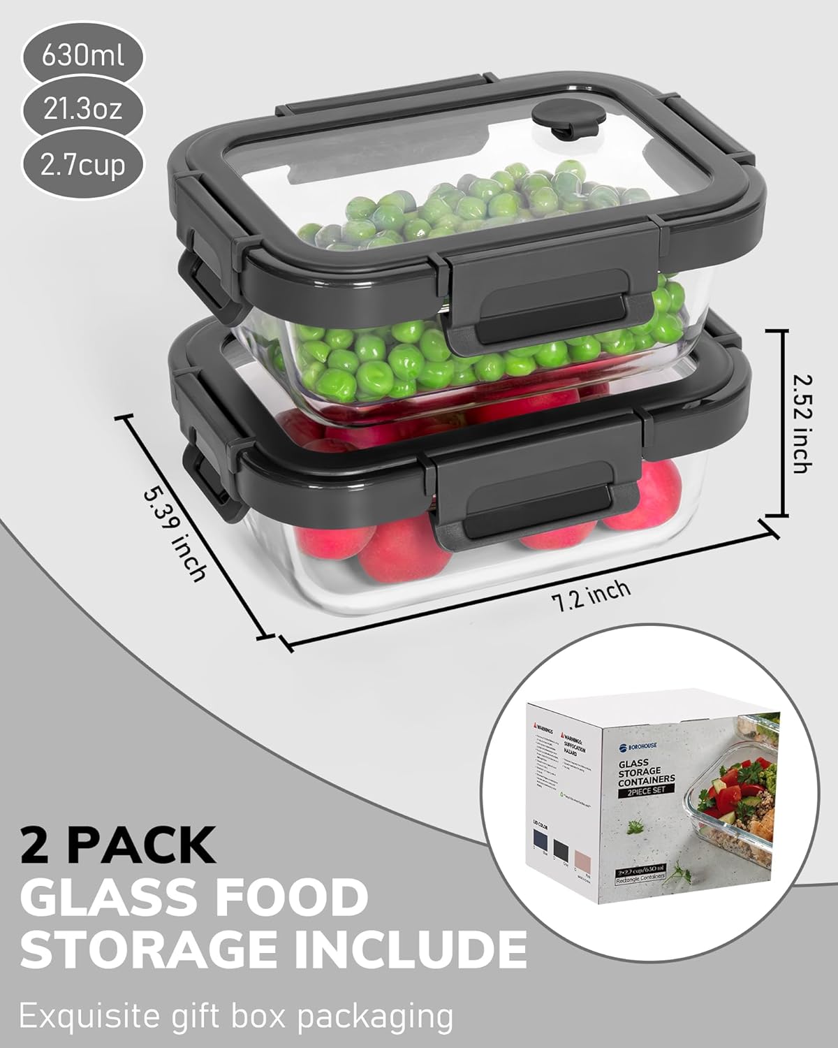 2-pack glass food storage containers with tempered lids (630ml/2.7cup) - airtight snap lock, microwave & oven safe (-4?~ 950°f), freezer to baking dish, bpa-free, gift box (gray) tempered lids gray 2.7cup*2