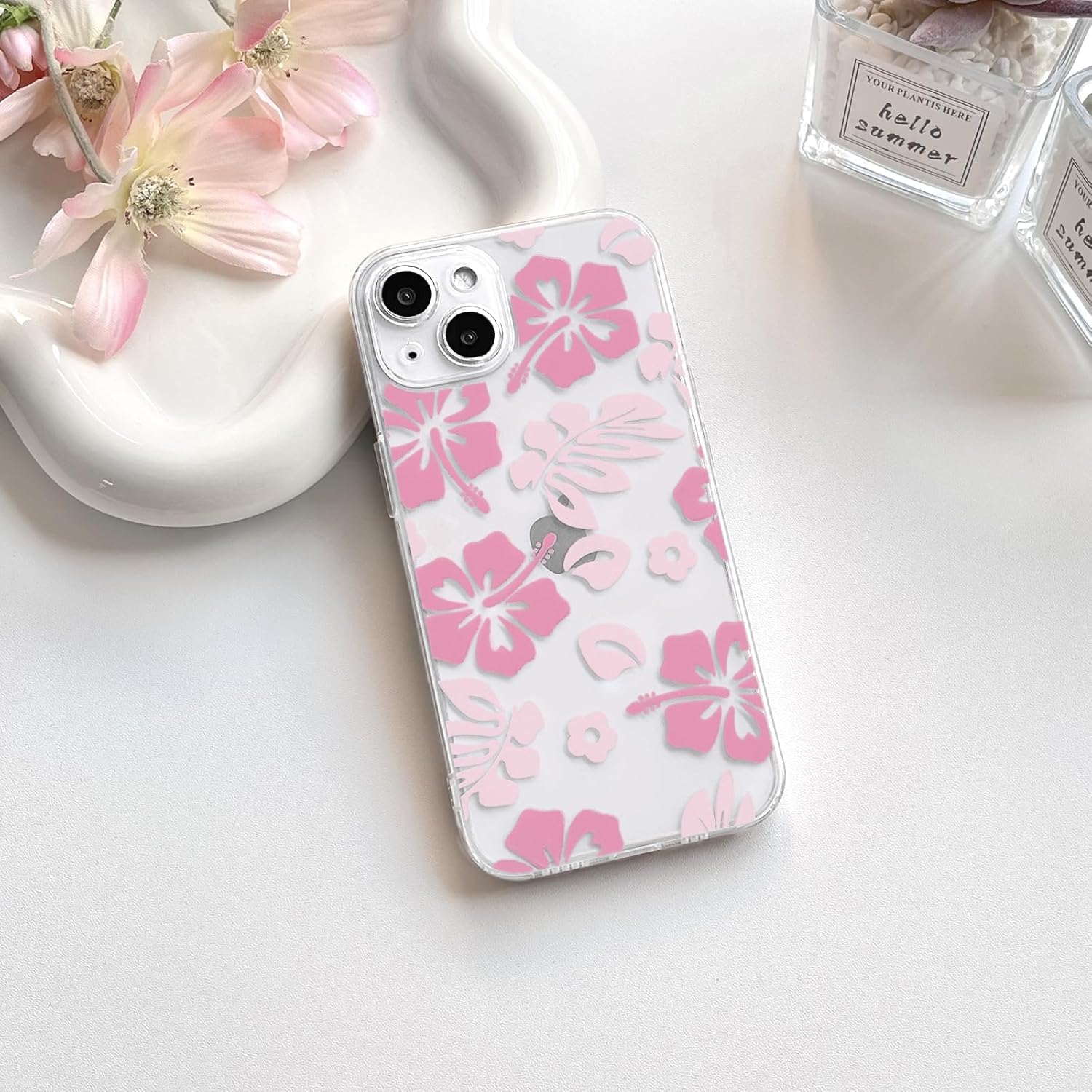 NITITOP Compatible with iPhone 14 Case Cute Clear Aesthetic Floral Flower Hibiscus Pattern for Girls Women Soft TPU Full Camera Lens Shockproof Protective Phone Cover - Pink - Image 2